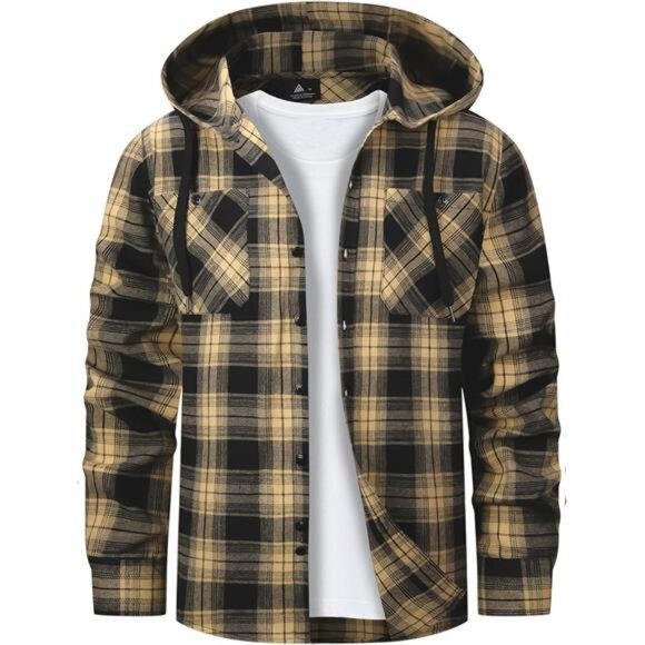 Mens Hooded Flannel Shirts Hoodie Black Yellow - Picture 1 of 6